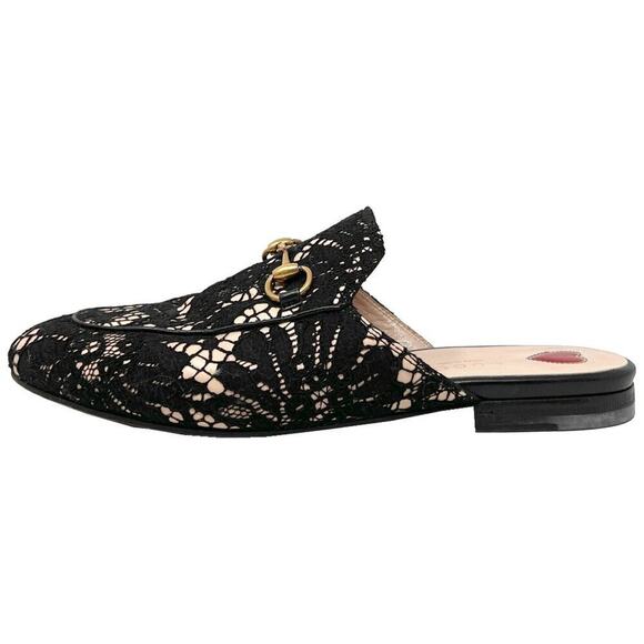 Gucci Shoes - Gucci Princetown Black Lace Tan Leather Mules- Size 36